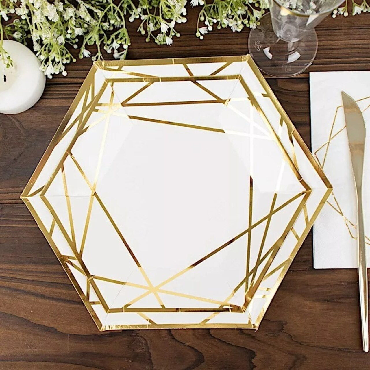 25 White 9" Hexagon Paper Salad Dinner Plates Gold Trim Tableware
